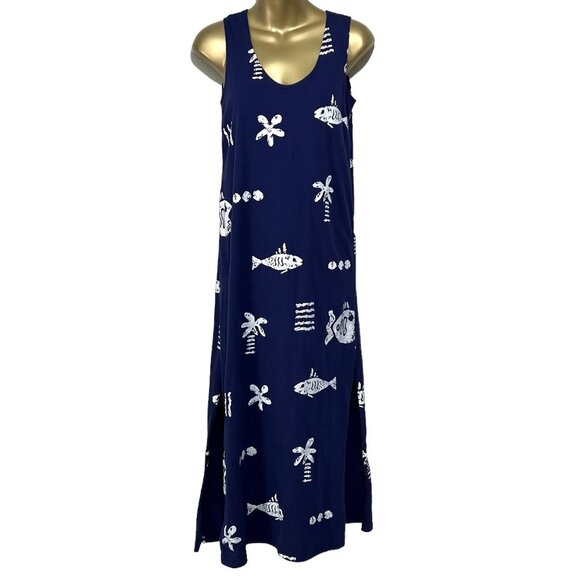 Hilo Hattie Hawaiian Sleeveless Fish Palm Trees Resort Ocean Long Maxi Dress  XS - Picture 1 of 8